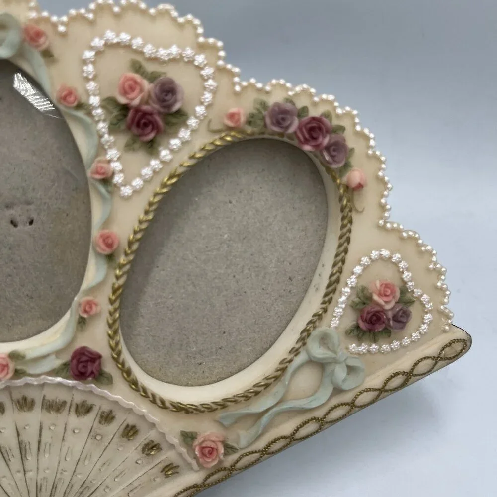 Dezine Victorian Style 3 Photo Picture Frame Hand Fan Shaped Boudoir Vanity 90s